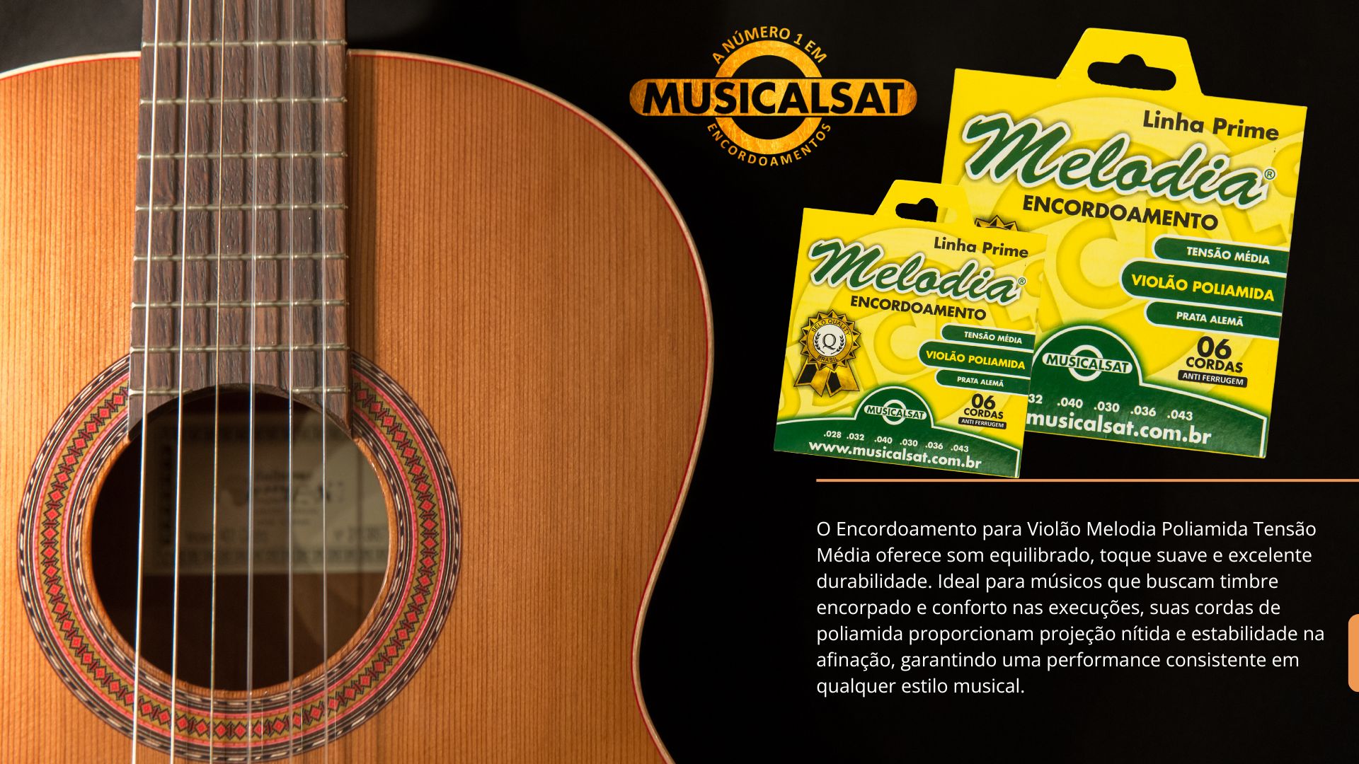 O Encordoamento para Violão Melodia Poliamida Tensão Média oferece som equilibrado, toque suave e excelente durabilidade. Ideal para músicos que buscam timbre encorpado e conforto nas execuções, s